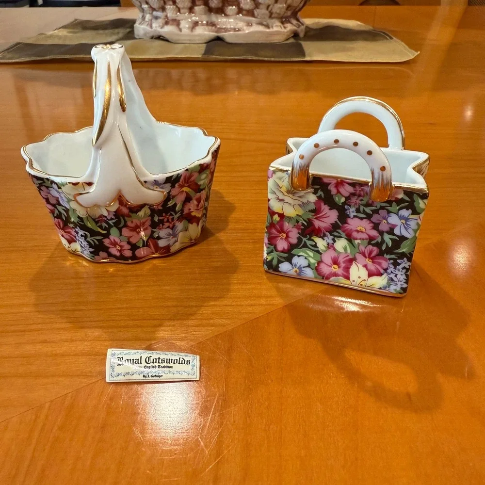 Royal Cotswolds Floral Basket & Handbag Vase Set Gold Trim Decorative